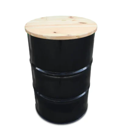 mange-debout industriel en baril métal 200L avec plateau bois