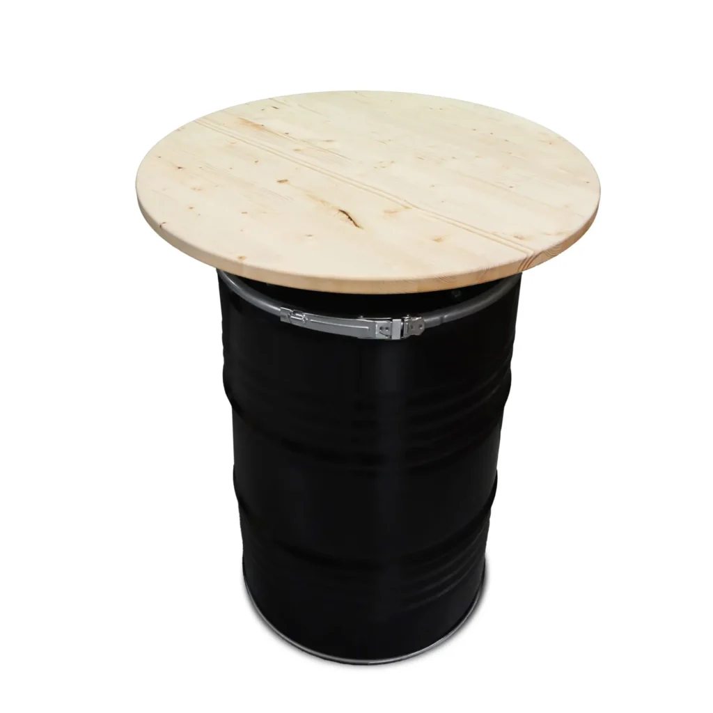 mange-debout industriel en baril métal 200L avec plateau bois noir