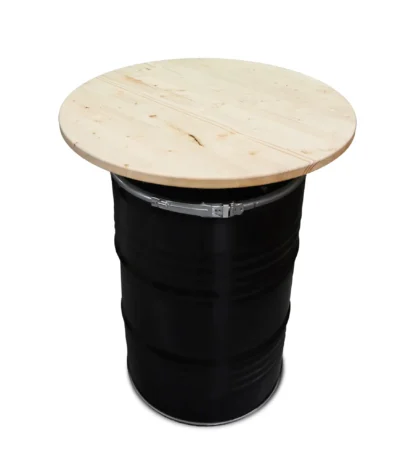 mange-debout industriel en baril métal 200L avec plateau bois noir