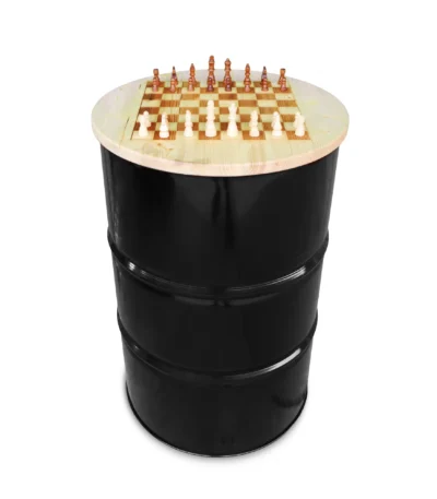Mange-debout industriel en baril métal noir avec plateau échiquier en bois