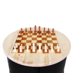 Mange-debout upcyclé en baril métal 200L avec plateau échiquier en bois – Table haute industrielle 90 cm – Image 3