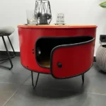 table basse industrielle en fût métal recyclé avec porte et étagère