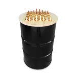 Mange-debout upcyclé en baril métal 200L avec plateau échiquier en bois – Table haute industrielle 90 cm – Image 4