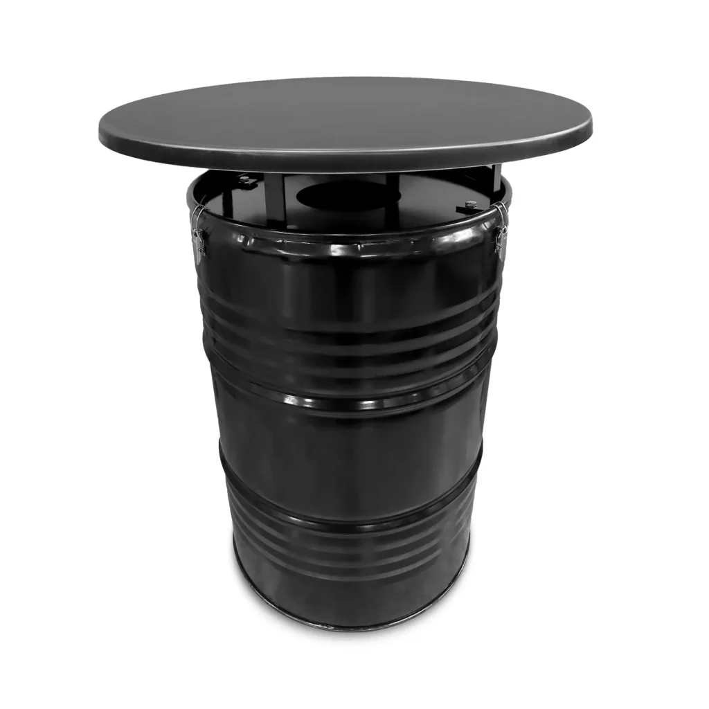 Mange-debout industriel en tonneau métal 200L avec plateau noir