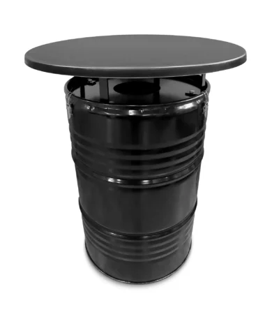 Mange-debout industriel en tonneau métal 200L avec plateau noir
