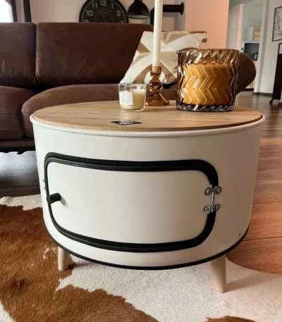 table basse tonneau métal recyclé avec plateau bois