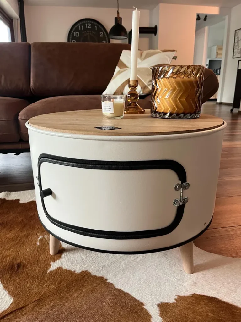 table basse tonneau métal recyclé avec plateau bois