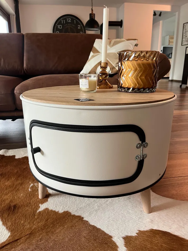 table basse tonneau métal recyclé avec plateau bois table basse tonneau métal recyclé avec plateau bois