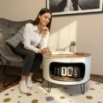 Table basse en baril métal recyclé avec double étagère design industriel