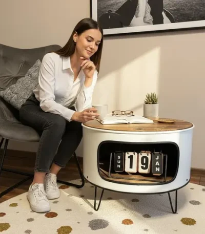 Table basse en baril métal recyclé avec double étagère design industriel