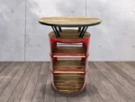 table haute upcycling en tonneau métal recyclé avec plateau bois flammé