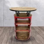 table haute upcycling en tonneau métal recyclé avec plateau bois flammé
