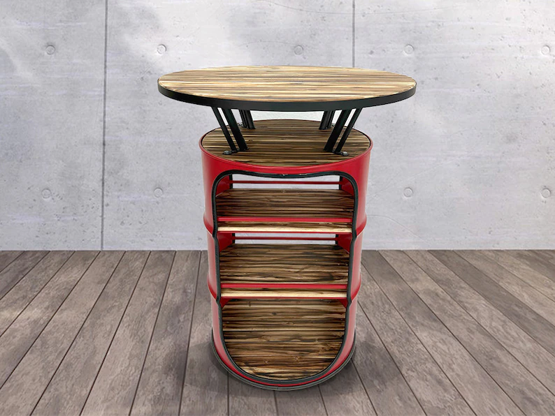 table haute upcycling en tonneau métal recyclé avec plateau bois flammé table haute upcycling en tonneau métal recyclé avec plateau bois flammé