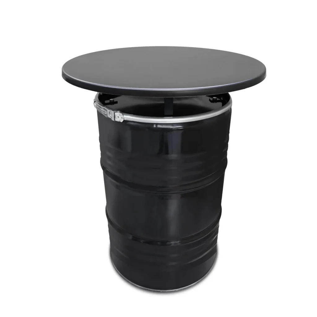 Table-debout industrielle en baril métal 200L avec plateau noir vue de face