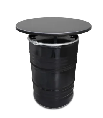 Table-debout industrielle en baril métal 200L avec plateau noir vue de face