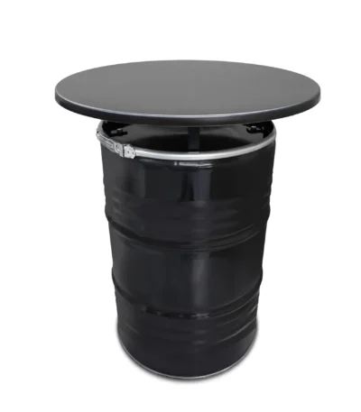 Table-debout industrielle en baril métal 200L avec plateau noir vue de face