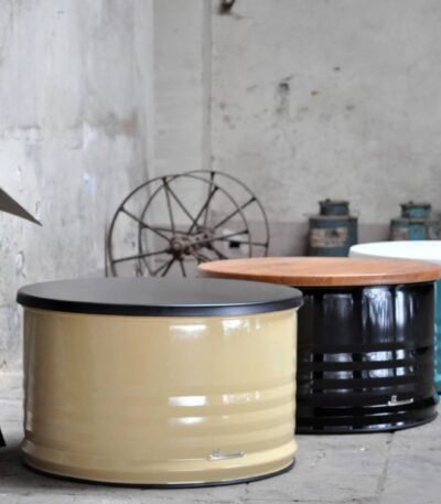 Table basse en baril métal upcyclé Ø60 cm design industriel