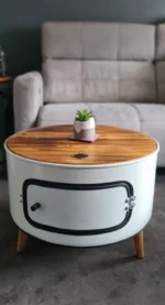 Table basse en tonneau métal recyclé 60L – Mobilier upcycling industriel – Image 3