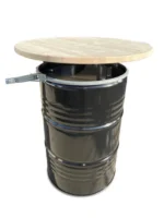 Mange-debout industriel en baril métal 200L avec plateau bois – Table haute upcycling – Image 2