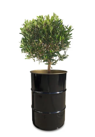 Bac à plantes en baril métal noir brillant 60 litres vue de face