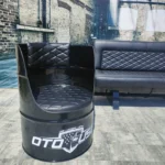 Tabouret en tonneau métal upcyclé avec assise rembourrée personnalisée