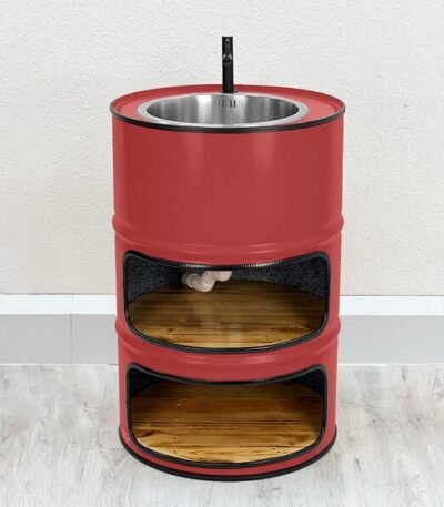 Lavabo en tonneau métal upcyclé avec bassin inox et étagères bois recyclé