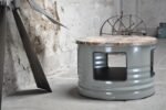 Table basse en tonneau métal upcyclé Ø60 cm avec rangements intégrés