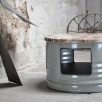Table basse en tonneau métal upcyclé Ø60 cm avec rangements intégrés