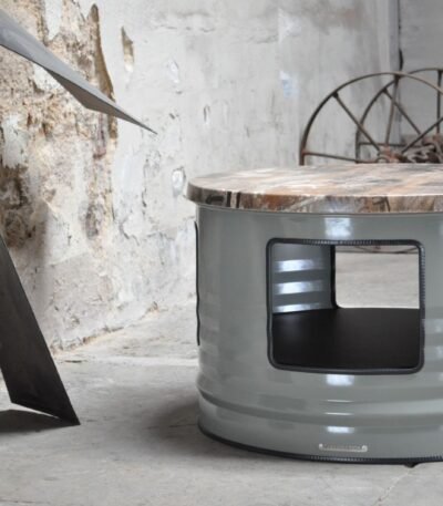 Table basse en tonneau métal upcyclé Ø60 cm avec rangements intégrés