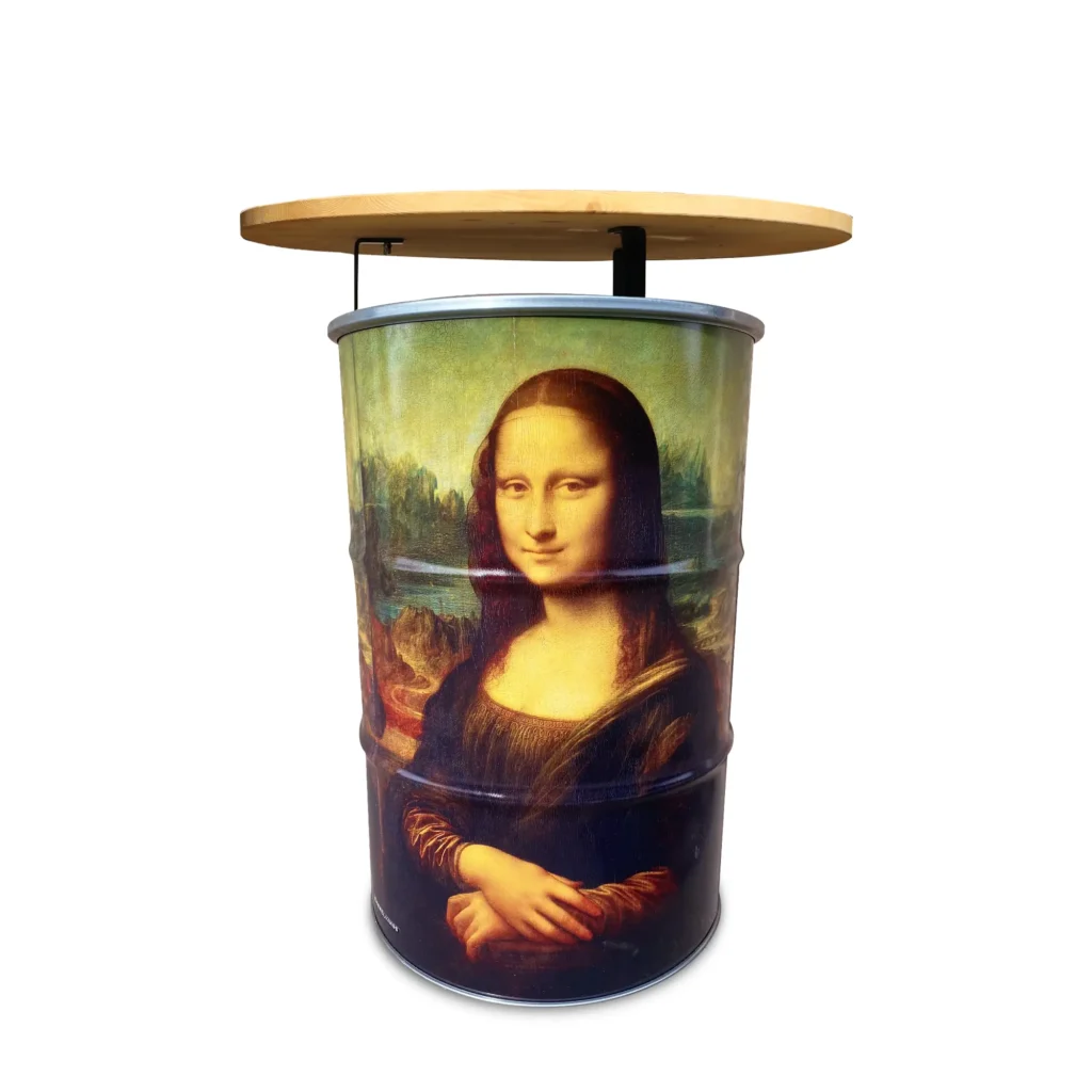 Table mange-debout Mona Lisa en baril métal avec plateau bois