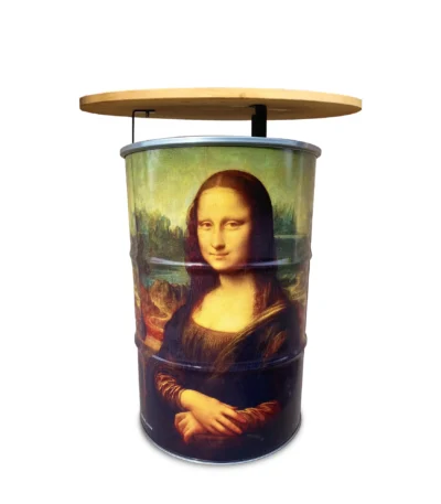 Table mange-debout Mona Lisa en baril métal avec plateau bois