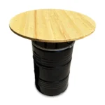 Mange-debout industriel en baril métal 200L avec plateau bois noir