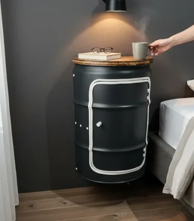 Table de bar BENNE en tonneau métal upcyclé vue frontale avec porte DIN