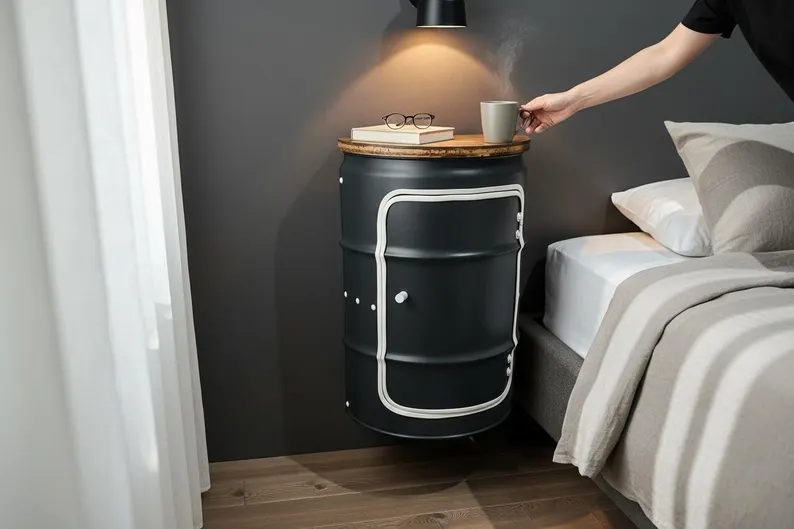 Table de bar BENNE en tonneau métal upcyclé vue frontale avec porte DIN