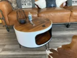 Table basse upcycling en tonneau métal avec double étagère – Design industriel éco-responsable – Image 2