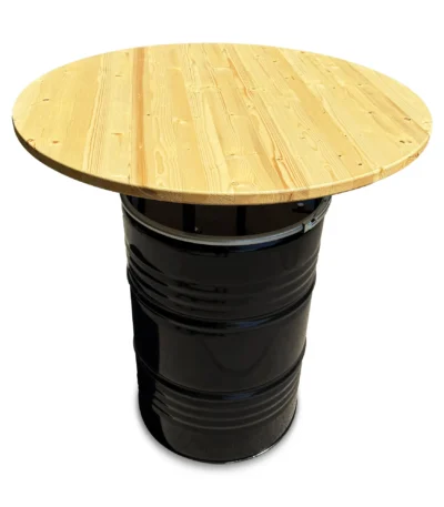 Mange-debout industriel en baril métal 200L avec plateau bois noir