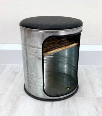 Tabouret en fût métal upcyclé Tom avec rangement intégré