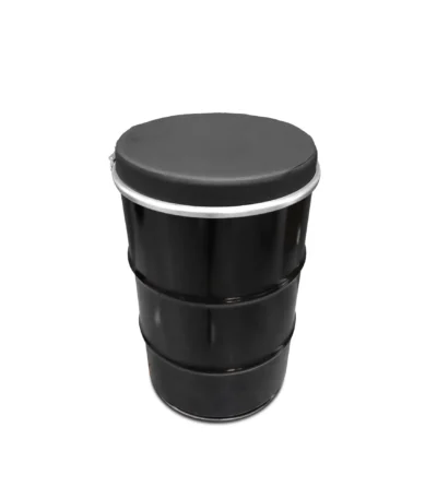 Tabouret industriel en baril métal noir avec coussin en skaï