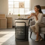 Petit meuble tonneau métal upcyclé avec porte et étagère en bois