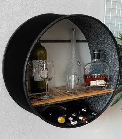 Étagère murale baril métal recyclé avec plateau en bois style industriel