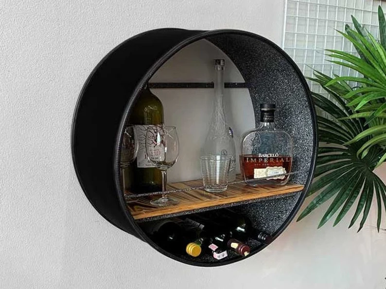 Étagère murale baril métal recyclé avec plateau en bois style industriel