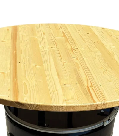 Plateau en bois laqué fixé sur tonneau métal 200L en mange-debout