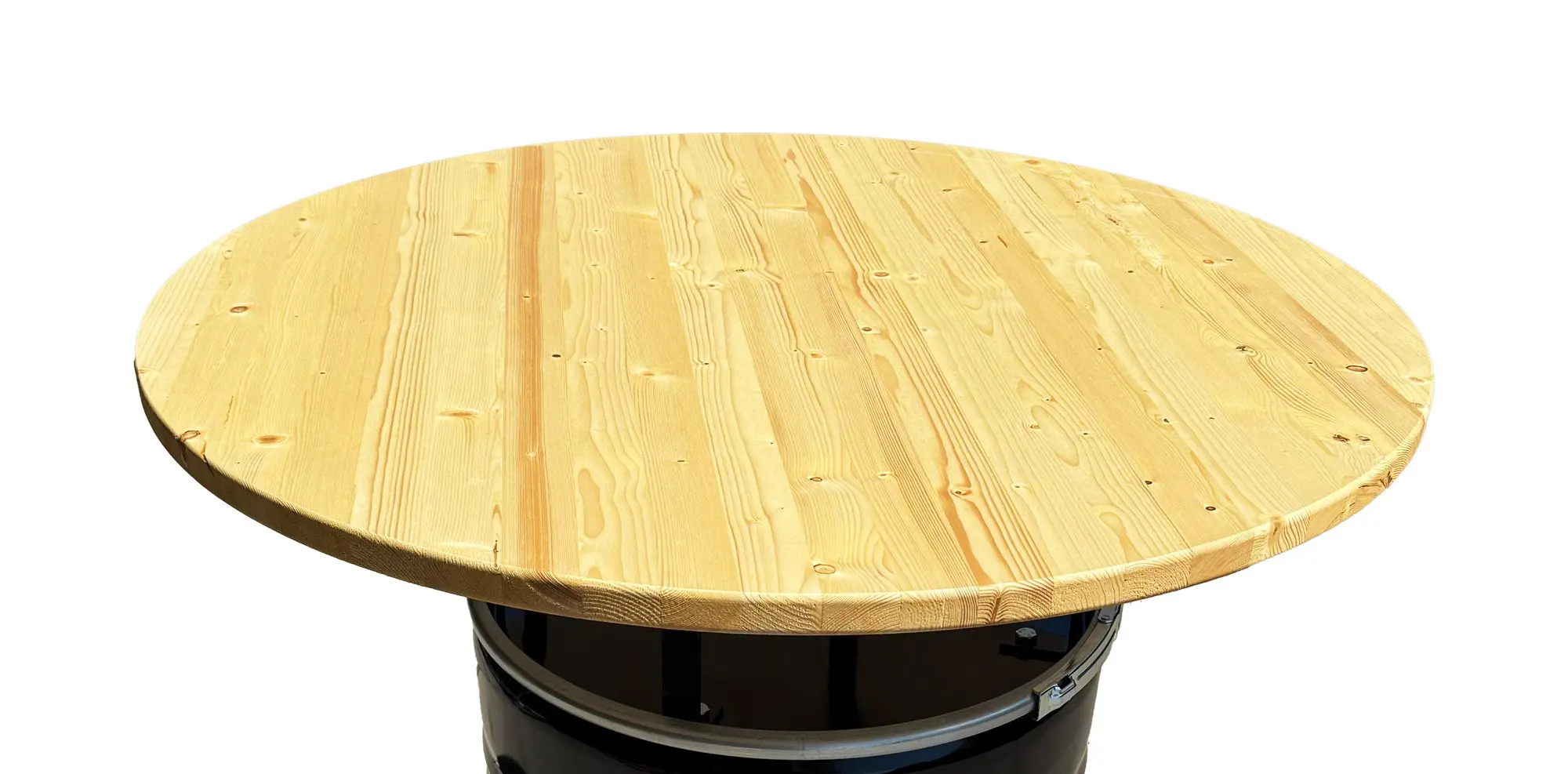 Plateau en bois laqué fixé sur tonneau métal 200L en mange-debout Plateau en bois laqué fixé sur tonneau métal 200L en mange-debout