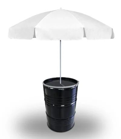 Tonneau métal 200L upcyclé Barrelsol avec parasol blanc sur terrasse