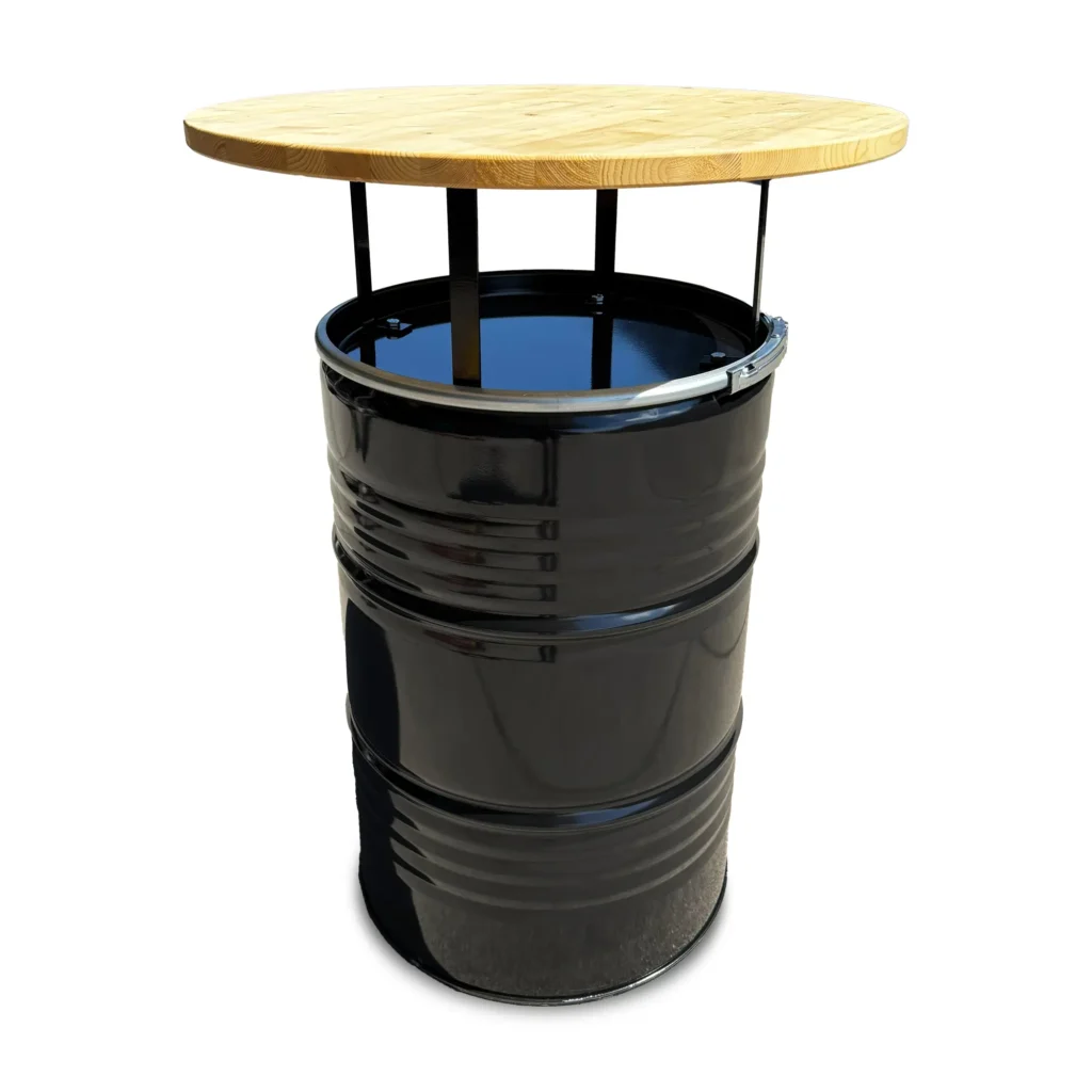 Mange-debout industriel en baril métal 200L avec plateau bois noir