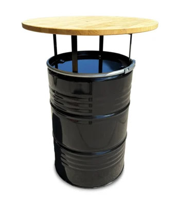 Mange-debout industriel en baril métal 200L avec plateau bois noir