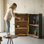 meuble bar upcycling en tonneau métal 208 litres avec étagères