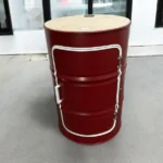 Baril métal upcyclé avec planche centrale et plateau bois design industriel