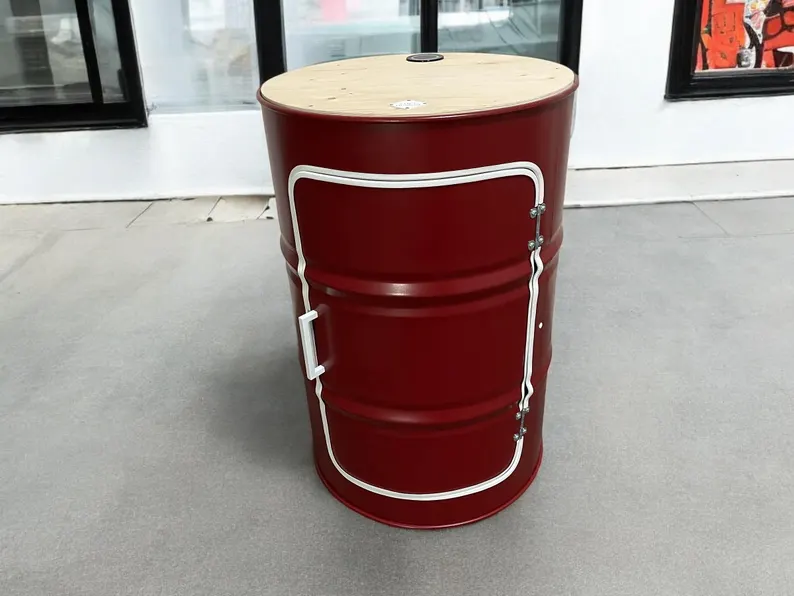 Baril métal upcyclé avec planche centrale et plateau bois design industriel