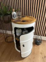 table haute industrielle en fût métal recyclé BENNE avec pieds bois